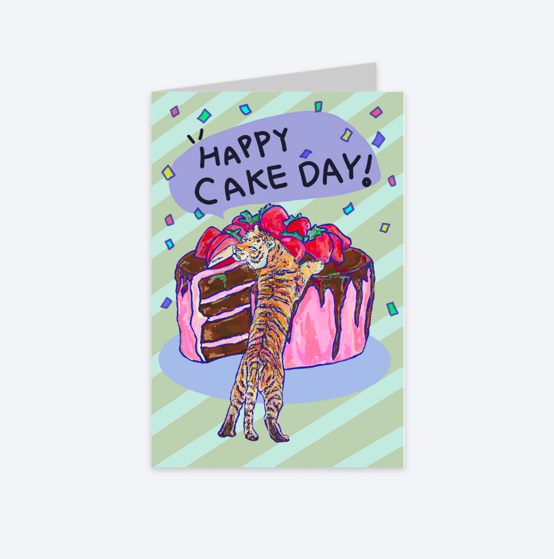 Happy Cake Day - Birthday Card | Blank Note Card | Tiger Birthday Card | Funny Card | Unique Card